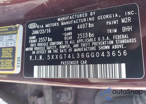 2016 Kia Optima Lx from USA, damaged, VIN 5XXGT4L36GG043656